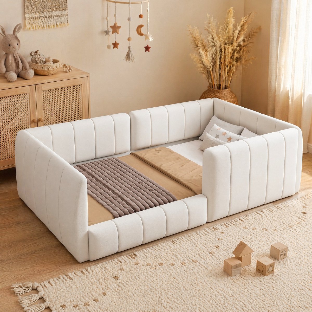 REDOM - Bed - Gepolsterd platformbed met uitvalbeveiliging - Lattenbodem met 12 latten - Gestoffeerd hoofdeinde - Moderne stijl - Slaapkamer - MDF en stof - Beige - 90 x 200 cm