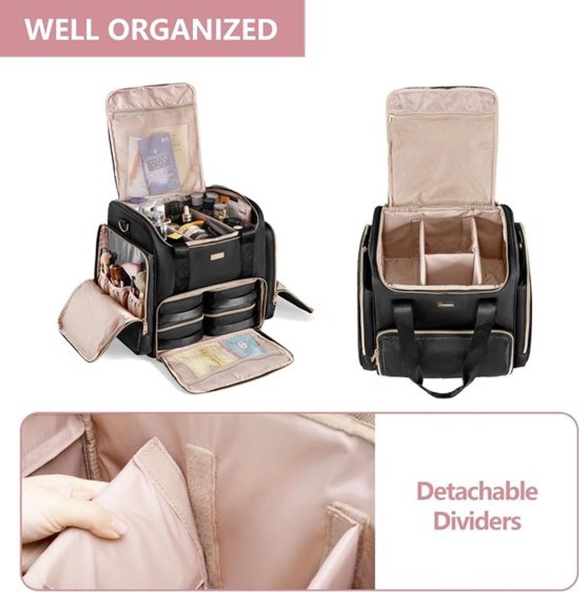Rollende Make-uptas - Cosmetica Koffer - Make-up Organiseren - 4 Individuele Hoesjes - 32x36x34 cm - Zwart