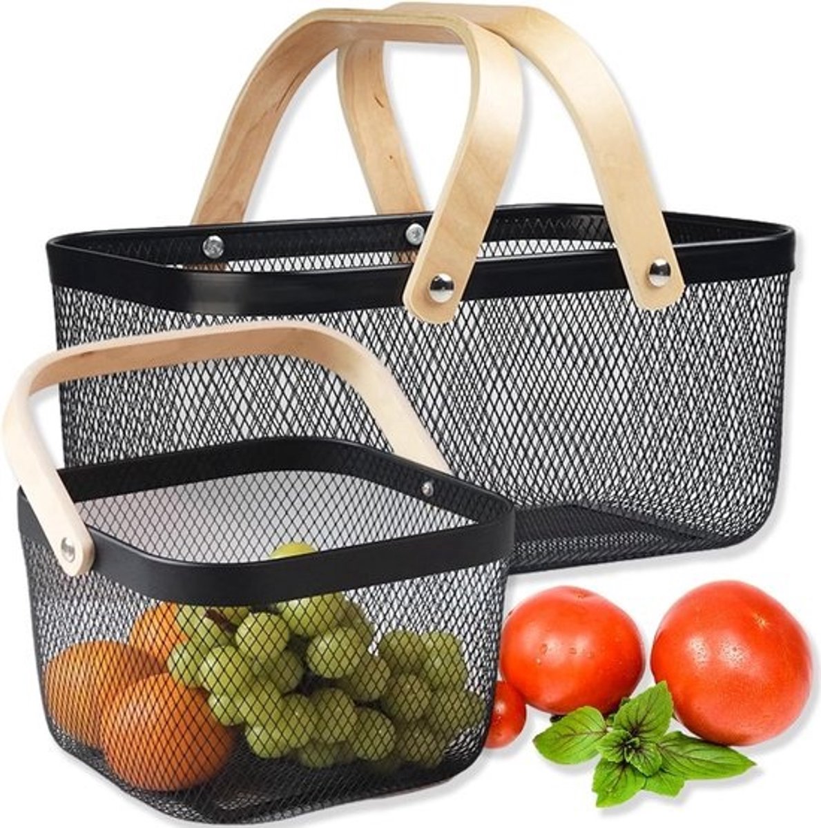 Set van 2 Metalen Gaas Manden - Stevige Oogstmand met Houten Handvat voor Tuin, Keuken en Boodschappen