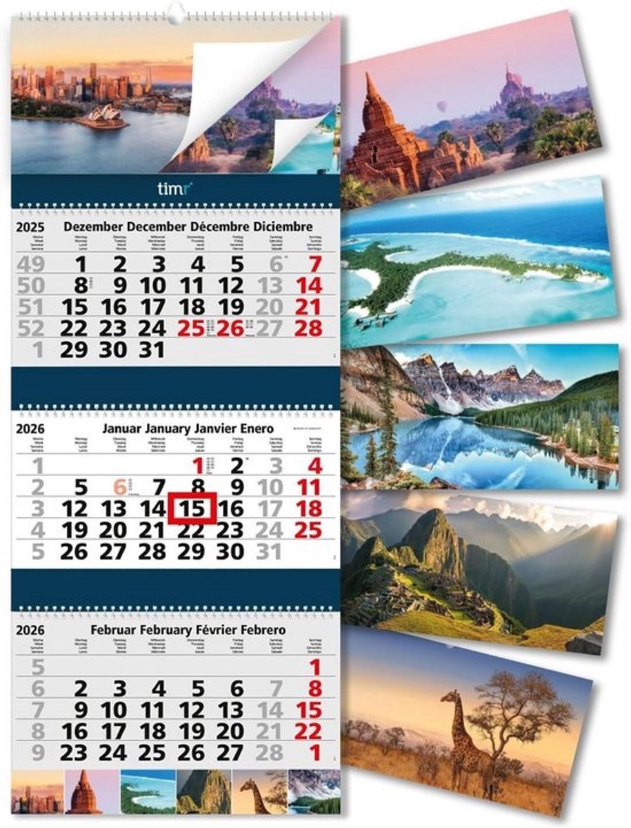 3 Maanden Wandkalender 2026 met 6 Wisselende Fotomotieven - Jaarplanner 2026 - 81 cm - Meertalig