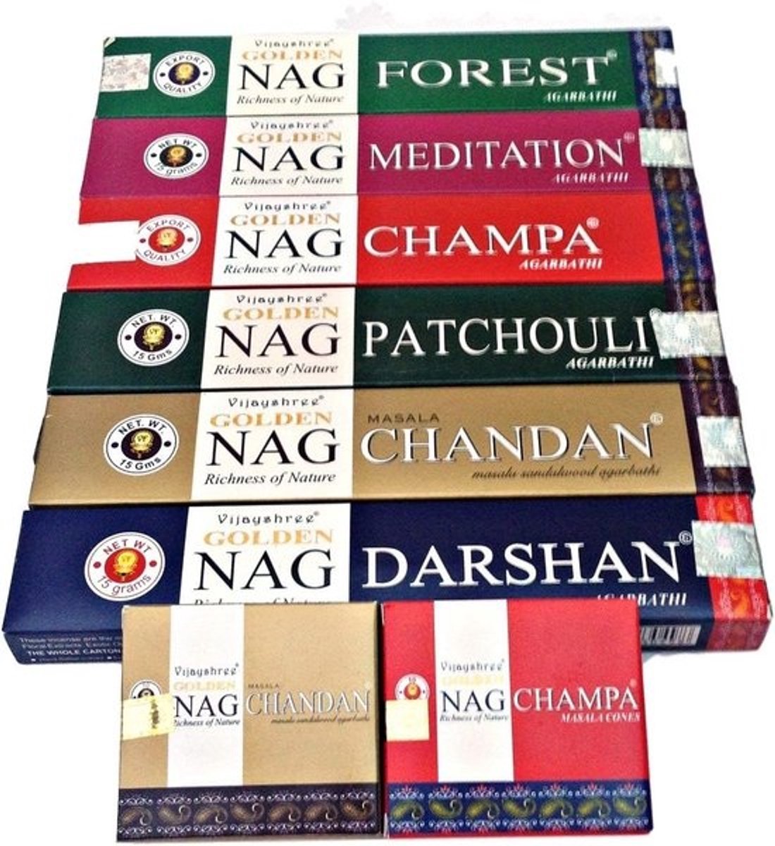 Nag Champa Wierook Stokken en Kegels - Complete Set van 8 Dozen