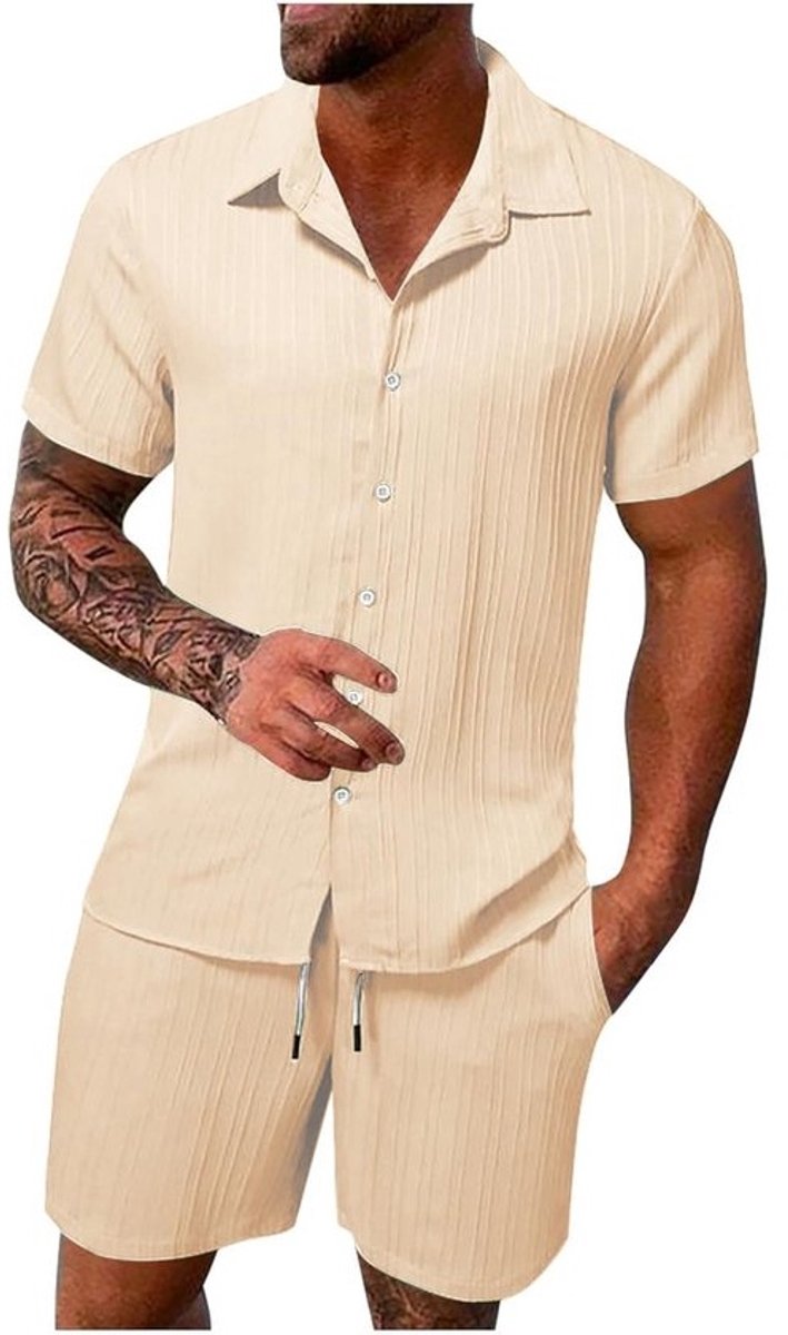 Linnen Shorts en Shirt Set Heren - Zomerse 2-delige Outfit met Korte Mouwen