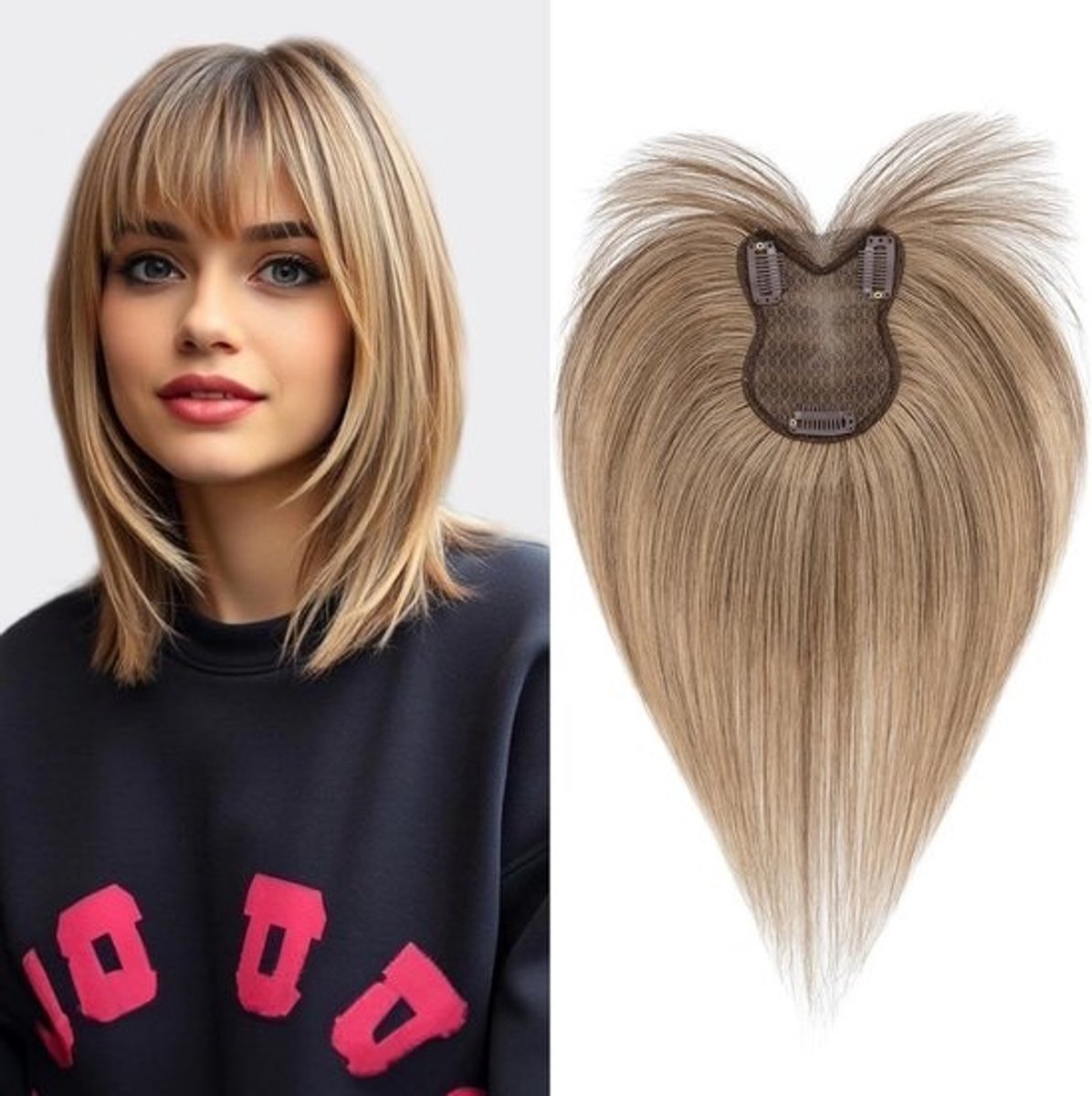 Echt Haar Clip-in Topper met Pony | Remy Menselijk Haarstuk voor Dames | Natuurlijke Haargroei Realistisch