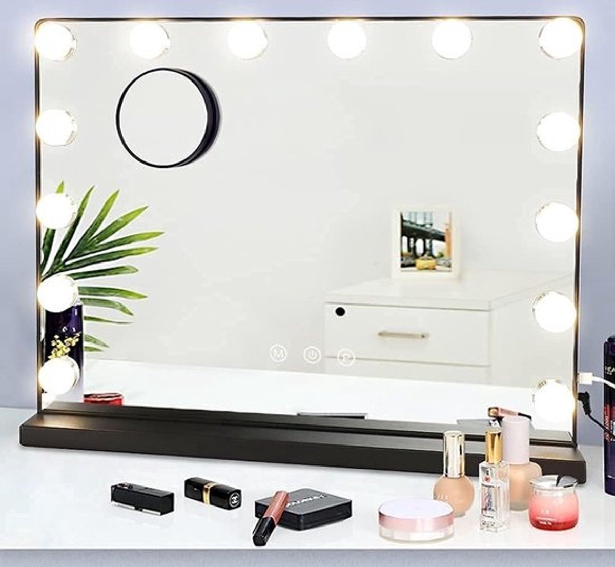 Spiegel met verlichting voor make-uptafel - dimbare ledlampen - Hollywood - USB - 3 kleurtemperatuur - zwart - 50 x 40 cm
