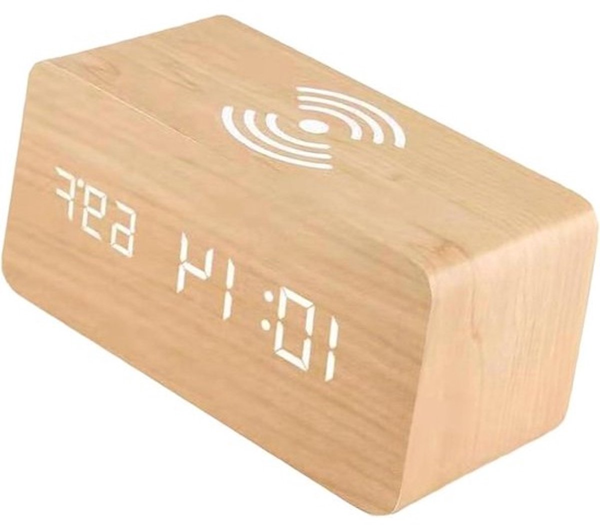 Digitale Wekker - Houten Klok - Wakker Worden - Draadloos Opladen - 9x9 cm - Geel