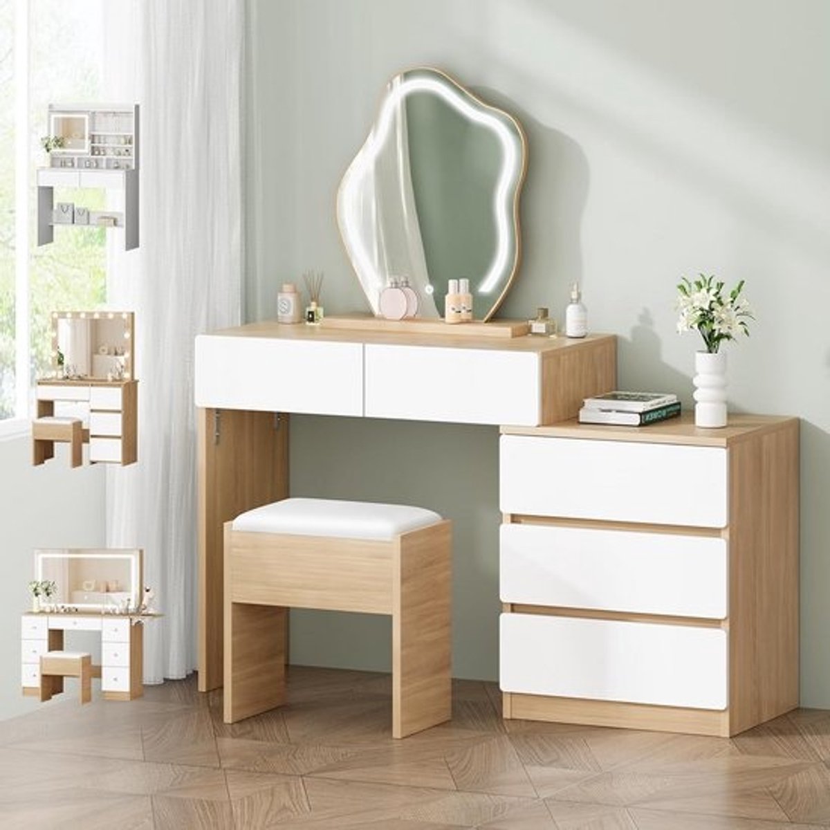 Kaptafel met Verstelbare LED Spiegel, Opbergruimte en Kruk - Cloud Design