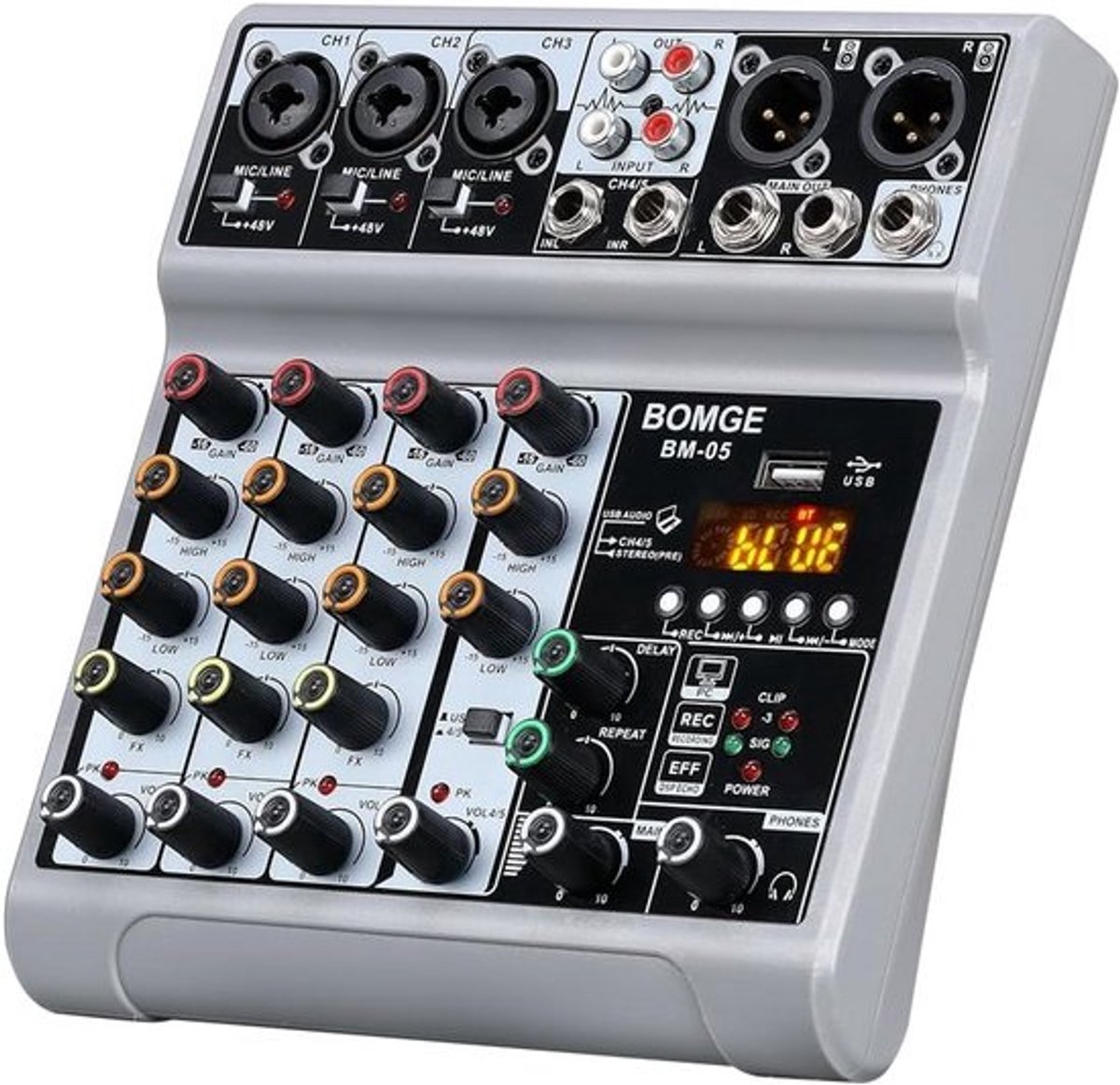 5-Kanaals Audiomixer met USB, Bluetooth en Echo Delay - Professionele Mengtafel voor Studio en Livestream