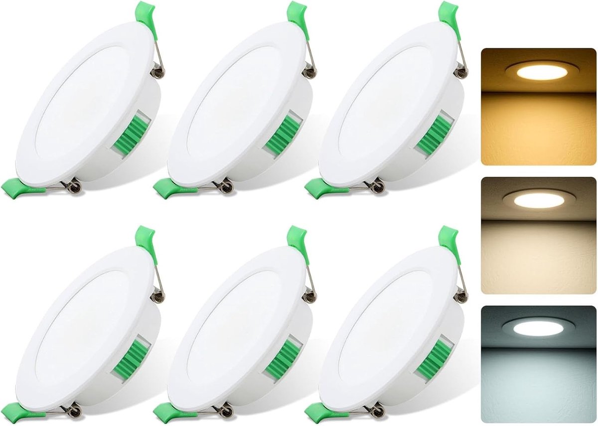 Inbouwspots LED - Wit - Set van 6 - Instelbare Kleurtemperatuur - Voor Plafond in Keuken, Badkamer of Woonkamer