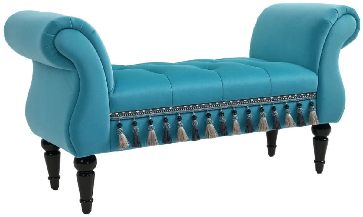 Bankje - Gestoffeerde Bank Met Fluwelen Bekleding En Armleuning - Bedbank Met Houten Frame - Schoenenbank Voor Slaapkamer, Woonkamer En Hal - 117 x 40 x 58 cm - Blauw