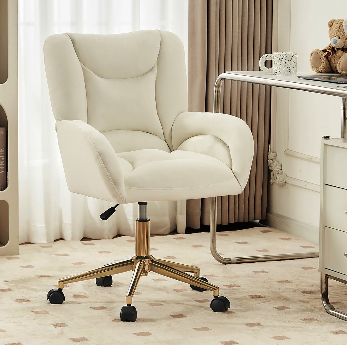 REDOM - Bureaustoel - Verstelbare hoogte - 360° draaibaar met wielen - Ergonomische rugleuning - Voor home office en binnengebruik - Stof - 64 x 62 x 97 cm