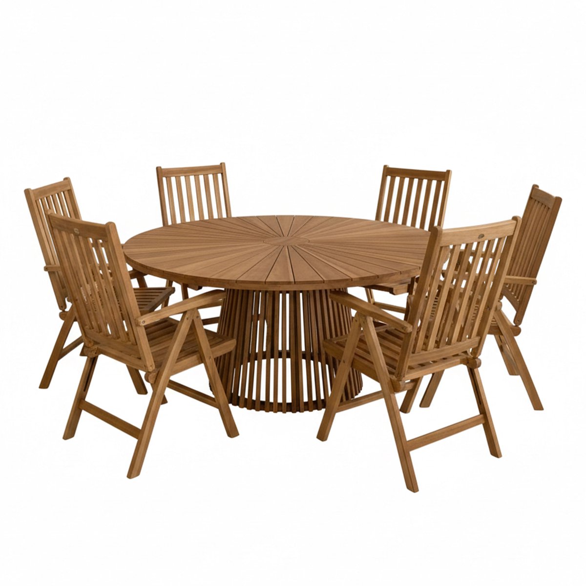 AXI Hani/Nuria 150 cm Dining Tuinset 7-delig Teak – Massief Teakhout – Tuinset 6 Personen – Ronde Tuintafel 150 cm – Opklapbare Tuinstoelen Teak – Luxe Verstelbare Tuinmeubelen Set
