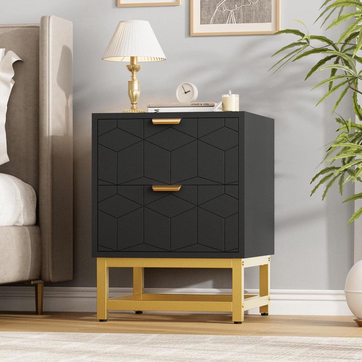 Modern Nachtkastje Zwart met 2 Lades - Luxe Bijzettafel met Gouden Handgrepen en Poten - Hoogglans Nachtkastje voor Slaapkamer - 40 x 40 x 54 cm