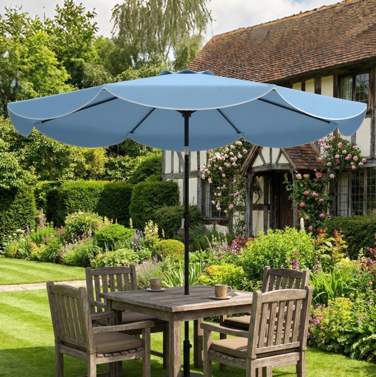 MODFU - Stokparasol - Rond - 3-Voudig Kantelbaar - Zwengel - Blauw - Ø265 Cm - 235 Cm
