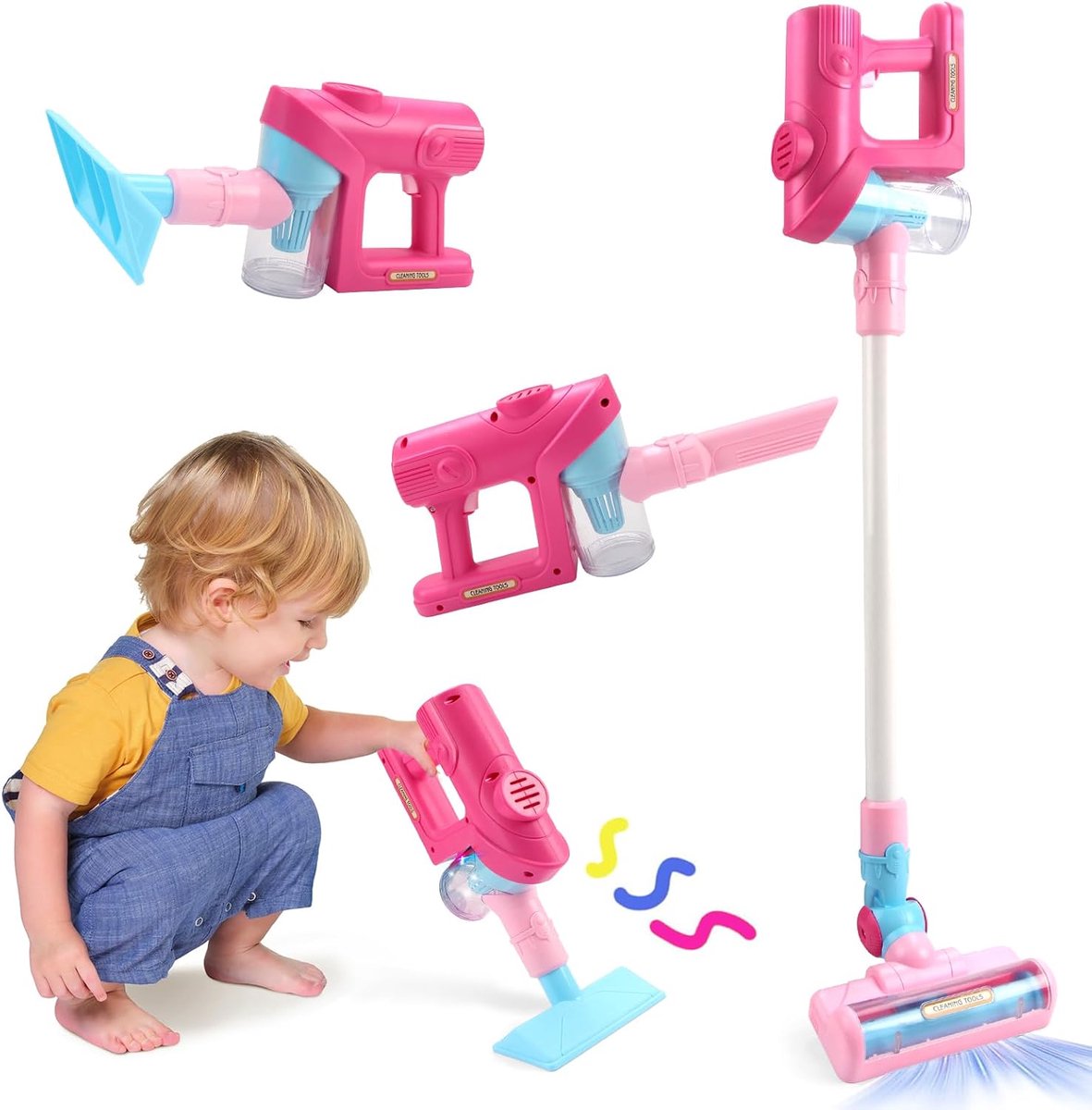 VONKELIOS®Kinderspeelgoed stofzuiger, speelgoedstofzuiger met echte zuigkracht, afneembare peuter stofzuiger, interactief schoonmaakspel voor jongens en meisjes, educatief rollenspel cadeau voor 3+ jaar