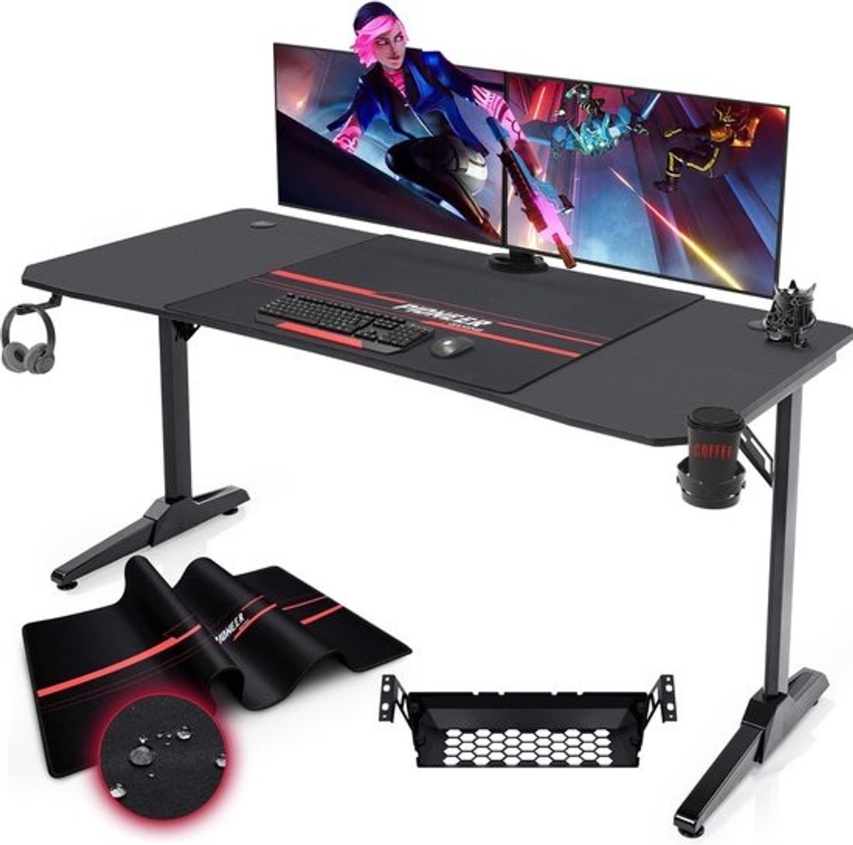 Ergonomische Gaming Tafel 140 cm met Kabelopbergdoos, Bekerhouder en Hoofdtelefoonhouder