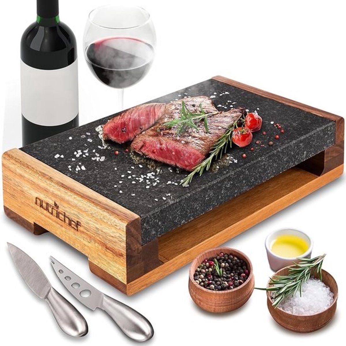 Grillsteen Set voor Perfect Gekookt Vlees - Heet Lava Rock Grillplaat voor BBQ en Steak