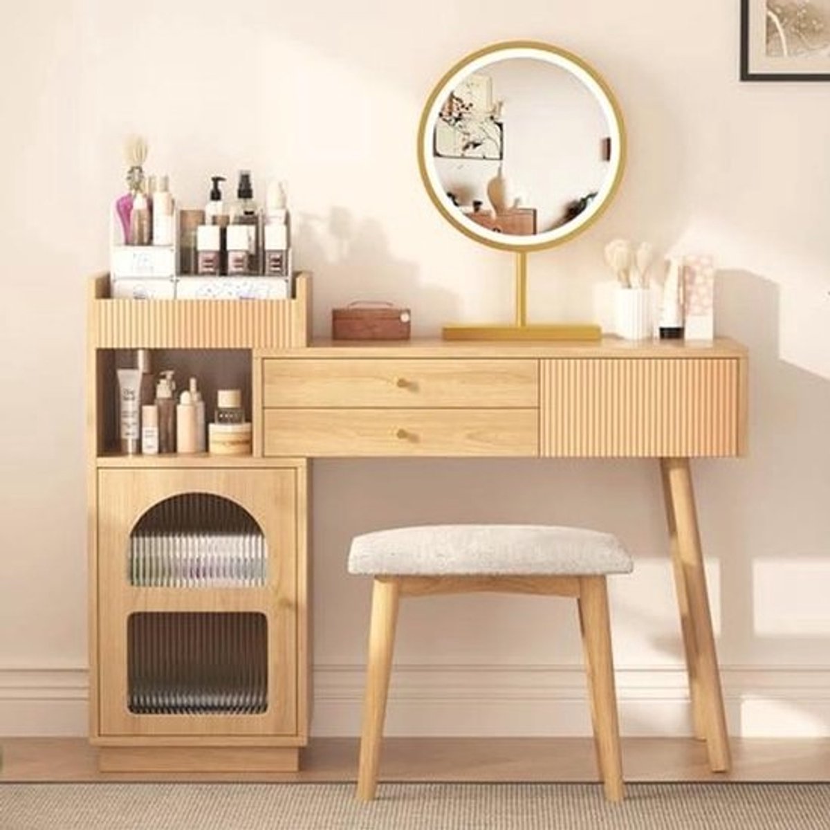 Moderne houten kaptafel met LED-spiegel en verstelbare verlichting, 120 x 40 x 90 cm, met 3 laden en zijkasten