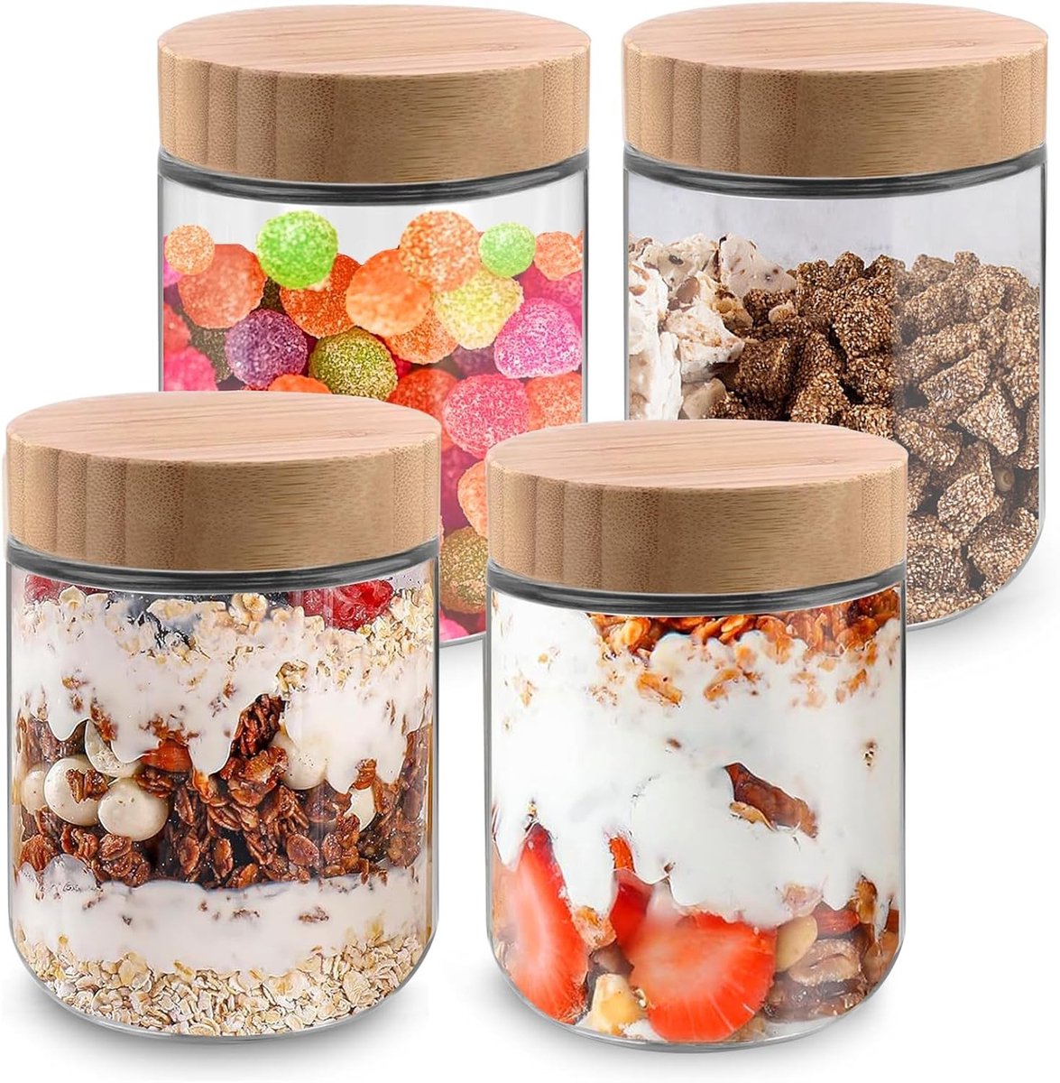 Set van 4 Glazen voor Maaltijdvoorbereiding, 500ml, Ideaal voor Overnight Oats, Jam, Salades en Milkshakes