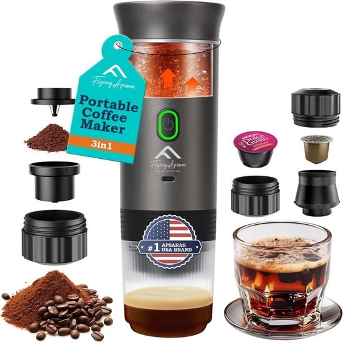 Draagbare Koffiemaker - Mini Espresso Machine - Reizen en Onderweg - 3-in-1 Systeem - 0.6 kg - Grijs