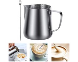 Latte artkan – Melkopschuimkan – Roestvrij staal – Melkopschuimkan met scherpe tuit – Koffie accessoire – Inclusief latte artpen – Voor koffie, melk, latte's, cappuccino's (350 ml – Zilver)