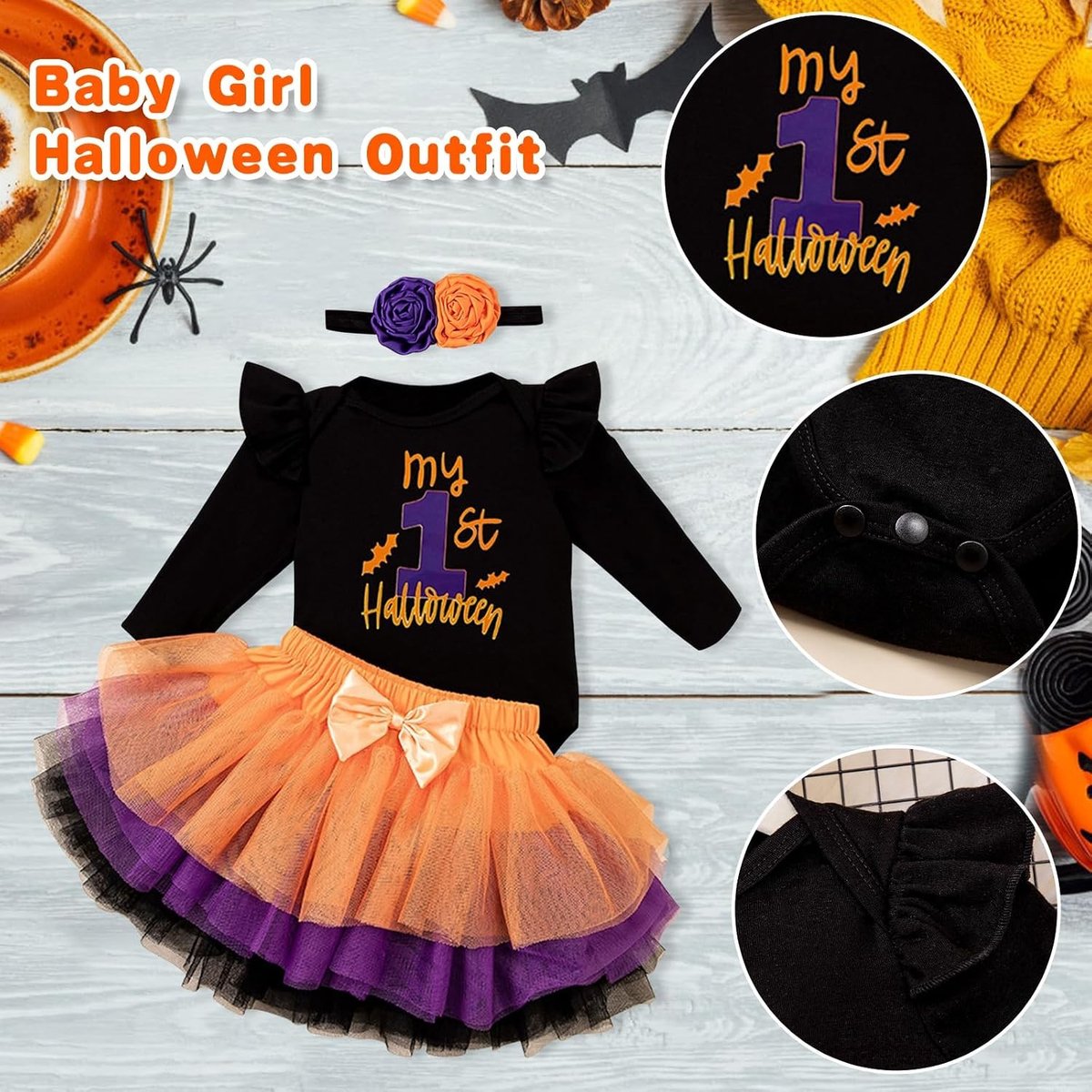 3-delige Halloween Outfit voor Baby Meisjes met Rompers, Tutu Rok en Hoofdband - Perfect voor Feestjes en Thanksgiving