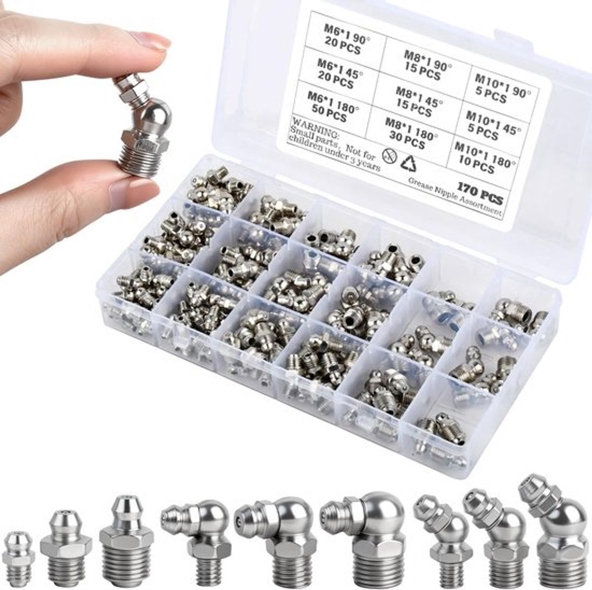 Smeernippelset 170 stuks - Kegelsmeernippels - Machine Smering - Inclusief Opbergdoos - M6 M8 M10 - Zilver