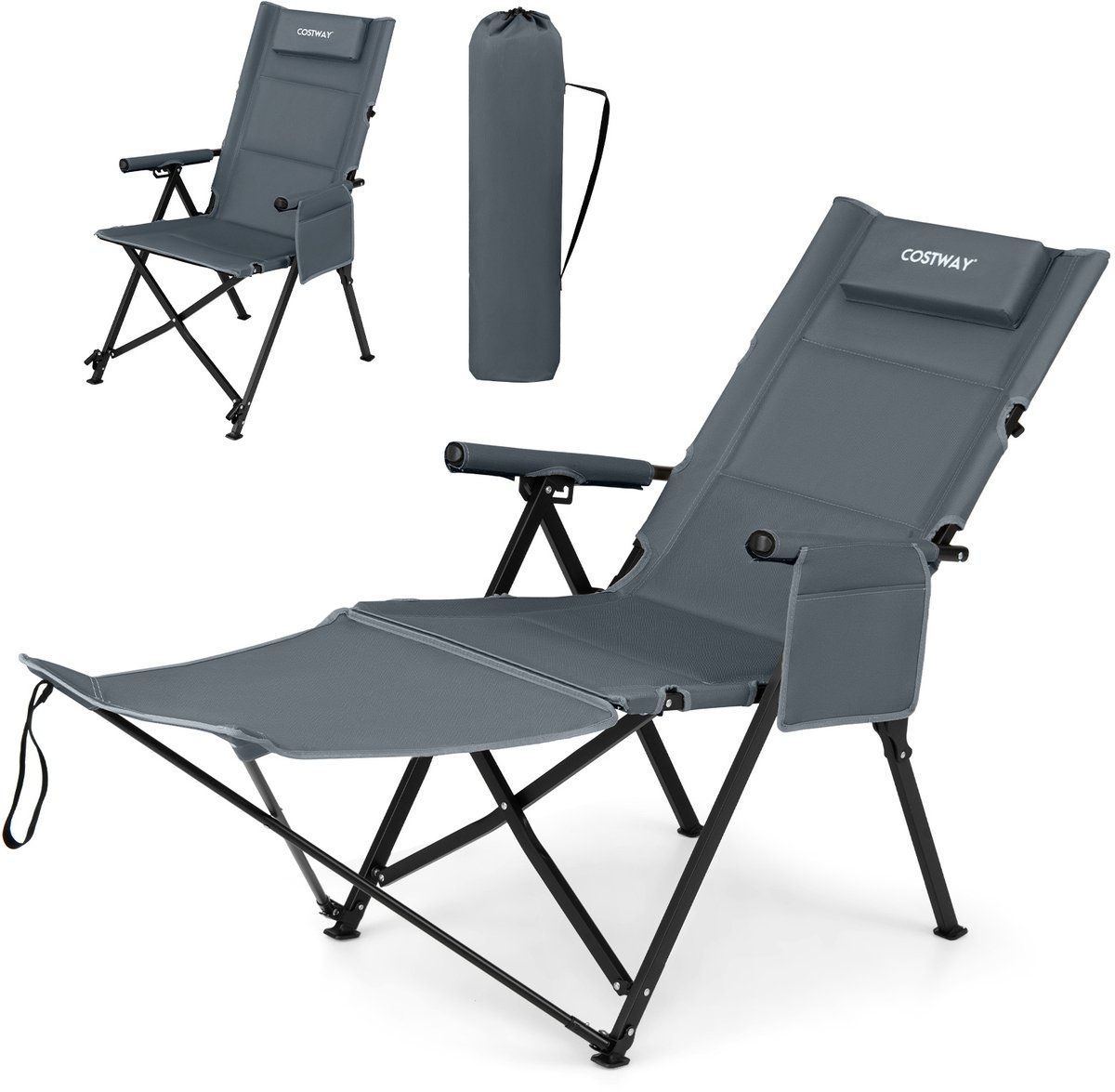 SureDeal® - Ligbed - Vouwbare Campingstoel - Voetensteun Ligstoel - Voudig Verstelbare Rugleuning - Zijzak - Kussen - 127x52x103 cm - Grijs