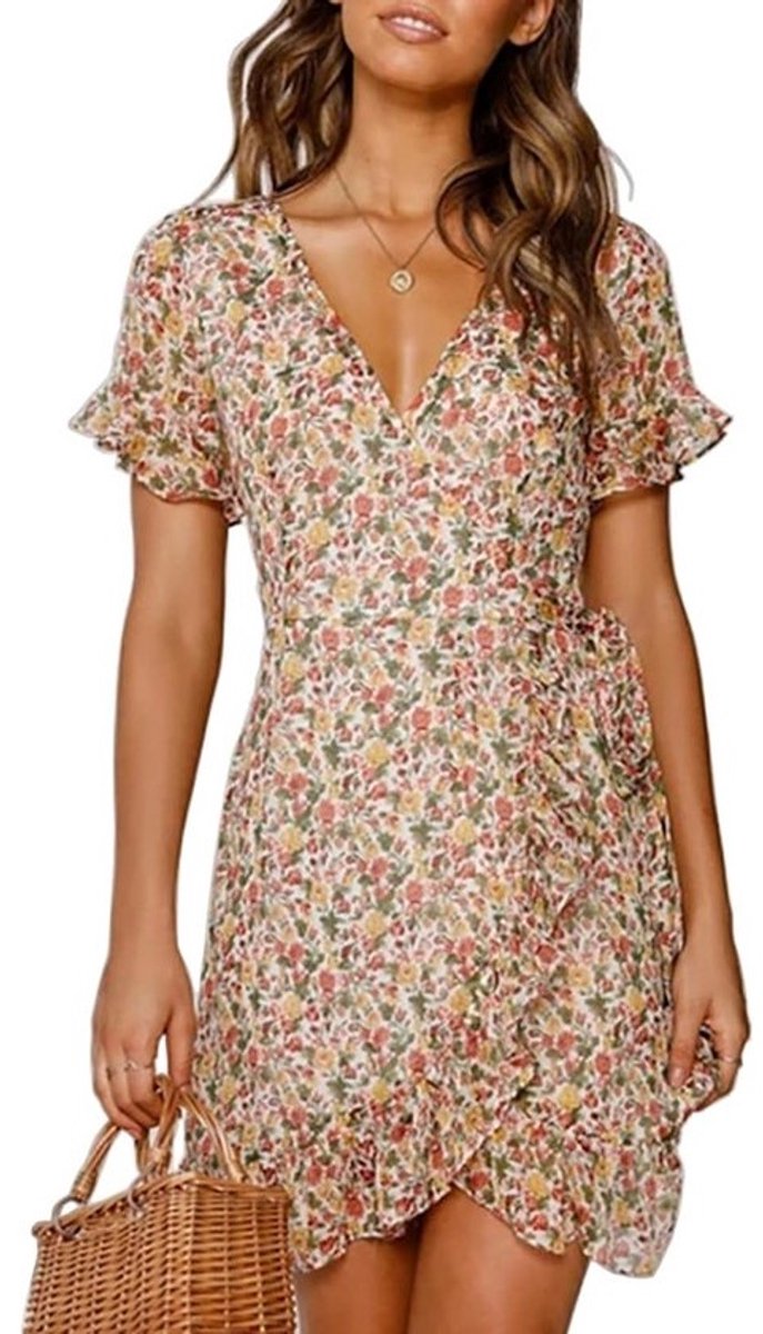 Zomerjurk V-Hals Bloemen voor Dames met Korte Mouwen