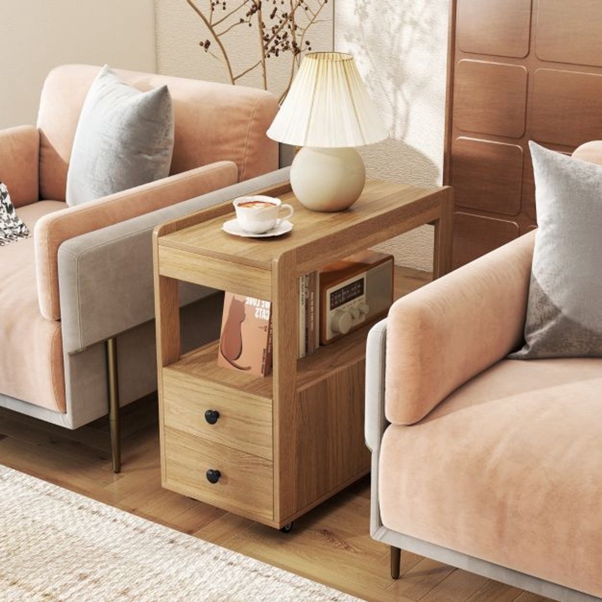 SureDeal® - Bijzettafel - Smalle Nachtkastje - Lades - Open Planken Opbergorganizer - Vergrendelbare Wielen - 65x30x63 cm - Naturel