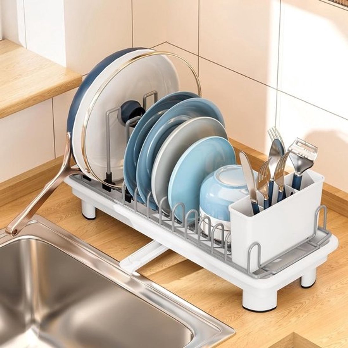 Compact Afdruiprek - Keukenrekje Gootsteen - Keuken Organiseren - 360° Draaibare Uitloop - 41.9 x 19.6 x 16 cm - Wit