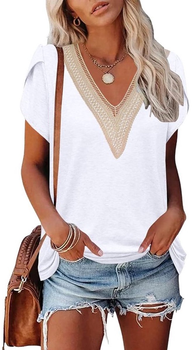 Dames T-shirt Elegante Kant V-Hals Petal Mouwen Zomer Blouse
