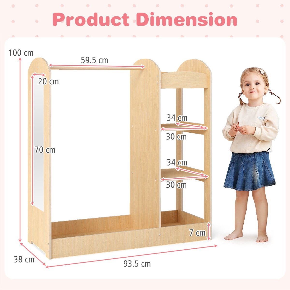SureDeal® - Kinderkledingkast - Kindergarderobe - Spiegel Hout - Kleerhangers - Planken Naturel - 93,5x38x100 cm - Naturel