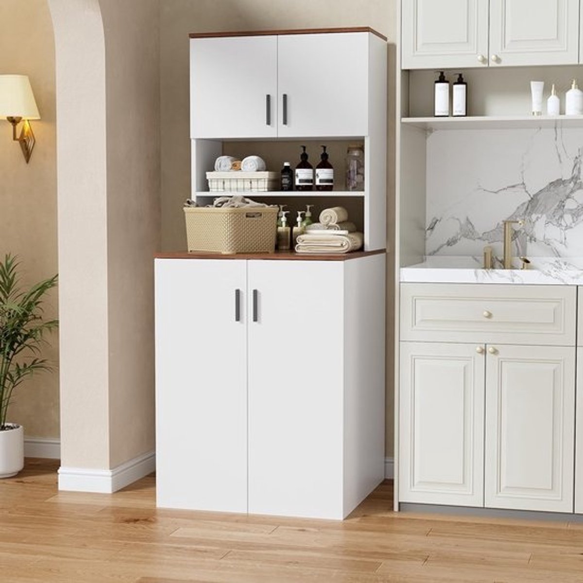 Wasmachinekast - Badkamerkast Hoge Kast - Opbergen Wasruimte - Verstelbare Legplanken - 68 x 68 x 170 cm - Walnoot Wit