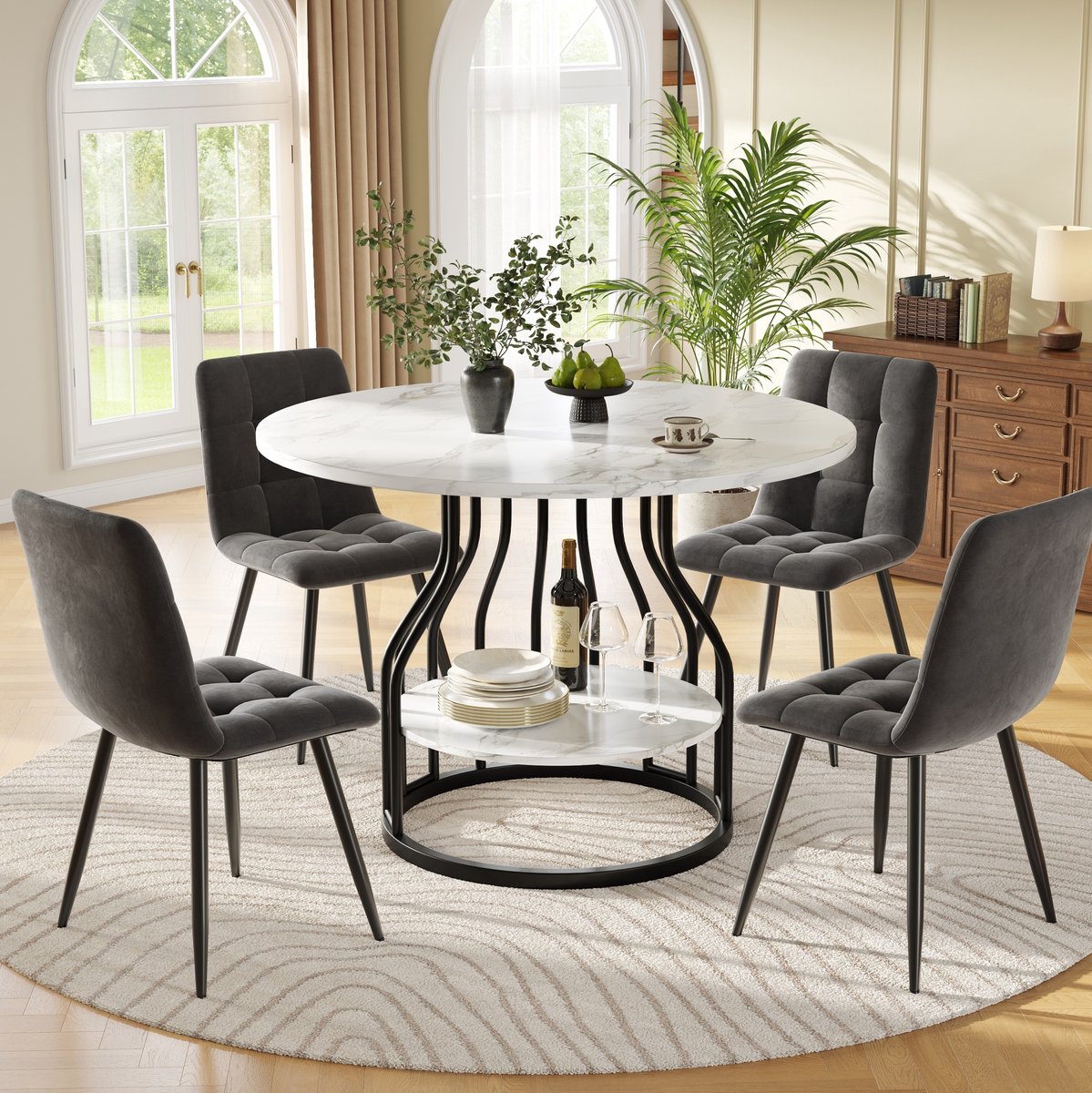 Wishdor Eettafelset met 4 stoelen - Ronde tafel - Fluwelen stoelen - Modern design - Keuken eetkamer - Metaal en hout - Zwart en grijs - 80 x 80 x 76 cm