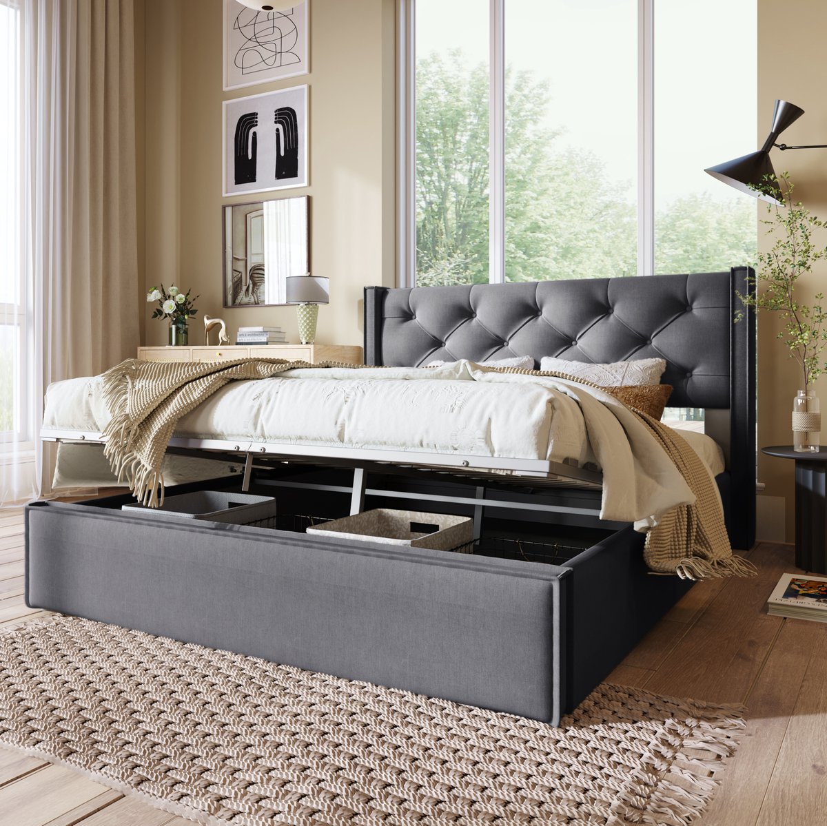 REDOM- Bed - Hydraulisch opklapbaar - Met opbergruimte en lattenbodem - Gestoffeerd hoofdbord met stiksel - Retro stijl - Hout Metaal Stof - Grijs - 203 x 151 x 110 cm