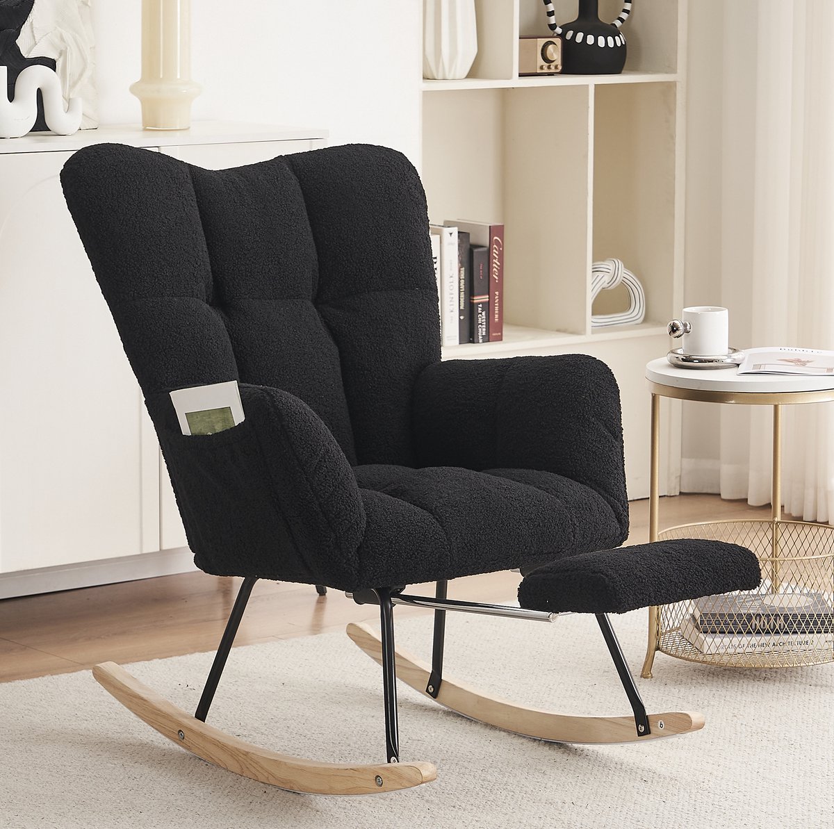 REDOM- Schommelstoel - Gewatteerde zitting - Hoge rugleuning met opklapbare voetensteun - Met armleuningen - Woonkamer of slaapkamer - Stof en hout - Zwart - 80 x 98 x 98,5 cm
