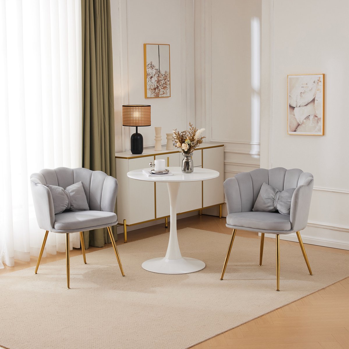 REDOM - Eetkamerstoel - Blütenblatt-rugleuning - Met armleuning en kussen - Design stijl - Woonkamer en eetkamer - Velvet en metaal - Grijs - 63 x 58 x 77 cm