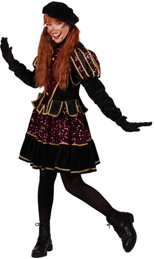 Damespiet kostuum met zwarte fluwelen jurk, roze glitter rok, zwarte baret en rode pruik.