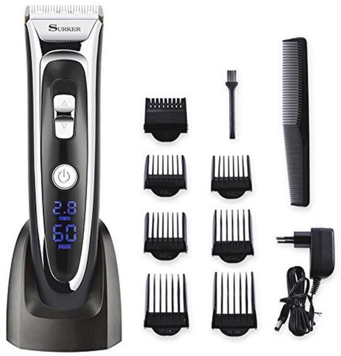 SURKER Haartrimmer, baardtrimmer, elektrisch, zonder professioneel, met 7 opzetstukken, led-display, voor kinderen, volwassenen, senioren, professionele salon