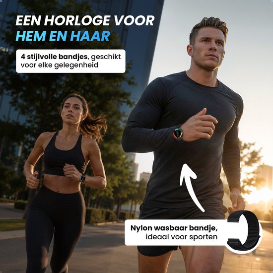 Man en vrouw rennen buiten. Mannen dragen een smartwatch met gekleurde wijzerplaat en zwarte band.