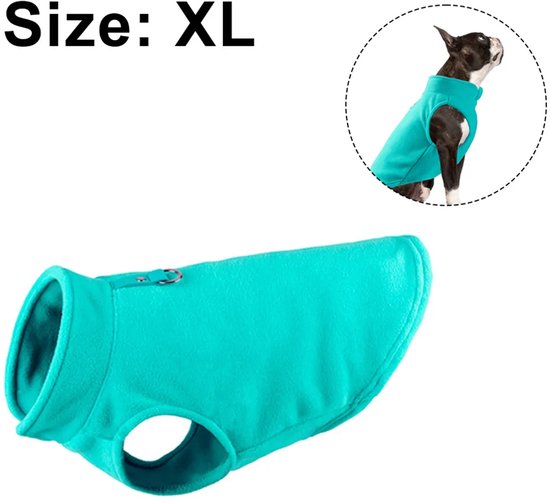 Turquoise fleece hondenvest, maat XL, met Boston terriër in cirkelvormige inzet.