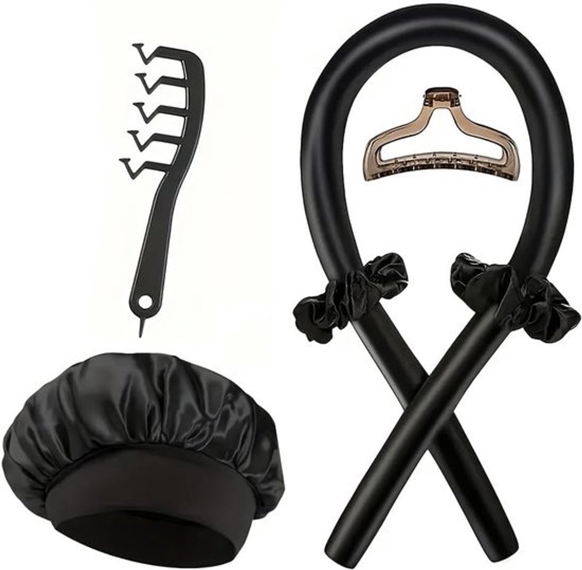 Satijnen Krulset - Heatless Krullen - Zonder Hitte - Compleet Haaraccessoires - 100cm Krulstaaf - Zwart