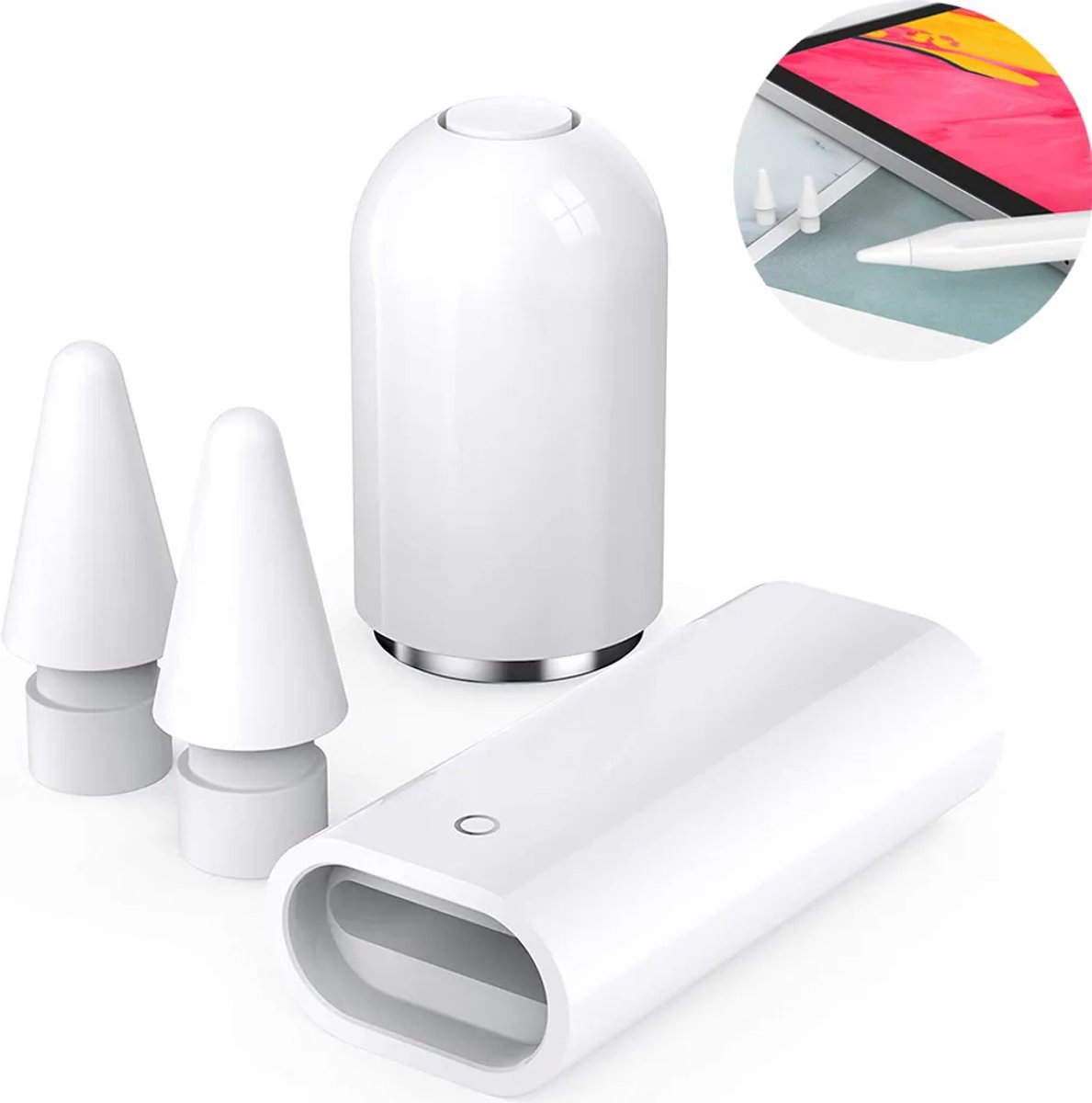 Een set magnetische vervangende dopjes, oplaadadapters en accessoires Geschikt voor het vervangen van de penpunt Geschikt voor de eerste generatie Apple Pencil.