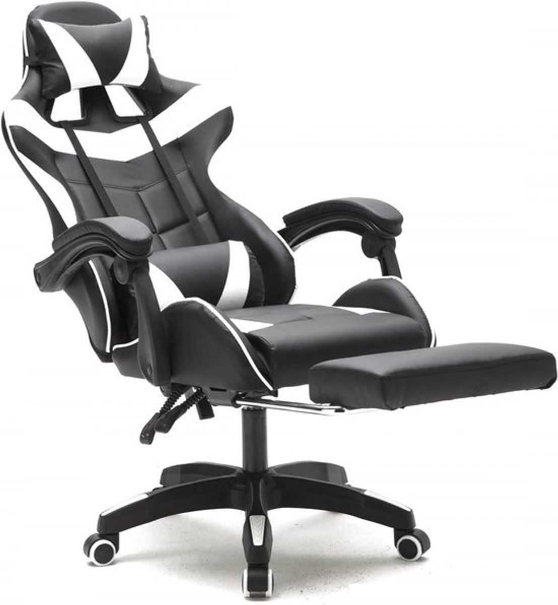 Gaming Stoel - Bureaustoel Race - Lang Zitten - Verstelbare Voetsteun - 50x63x128 cm - Wit Zwart