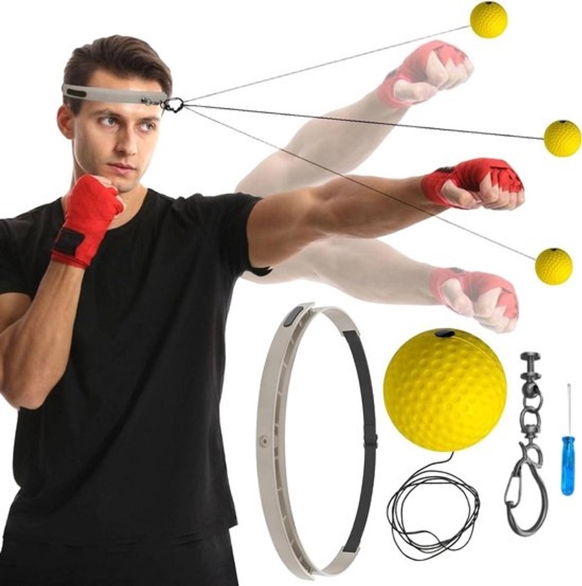 Boks Reflexbal - Trainingsbal Snelheid - Reflex Training - Hoofdband Set - 6 cm - Geel