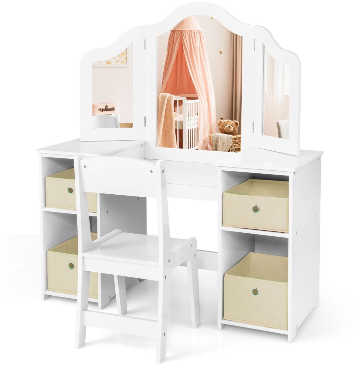 SureDeal® - Kaptafel - Stoel - Kinderen - Afneembare Spiegels Opbergbakken - 104x40x117 cm - Wit
