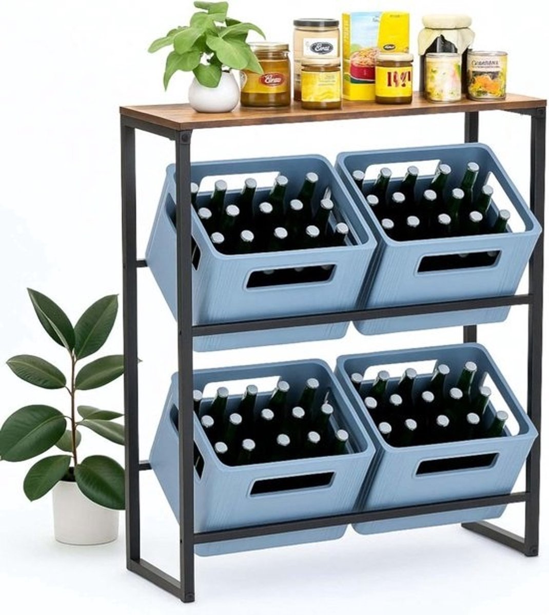 Drankkrattenrek met Plank - Krattenhouder Wijnrek - Opslag Keuken Kelder - Stabiel Metalen Frame Hout - 90x102x32 cm - Zwart