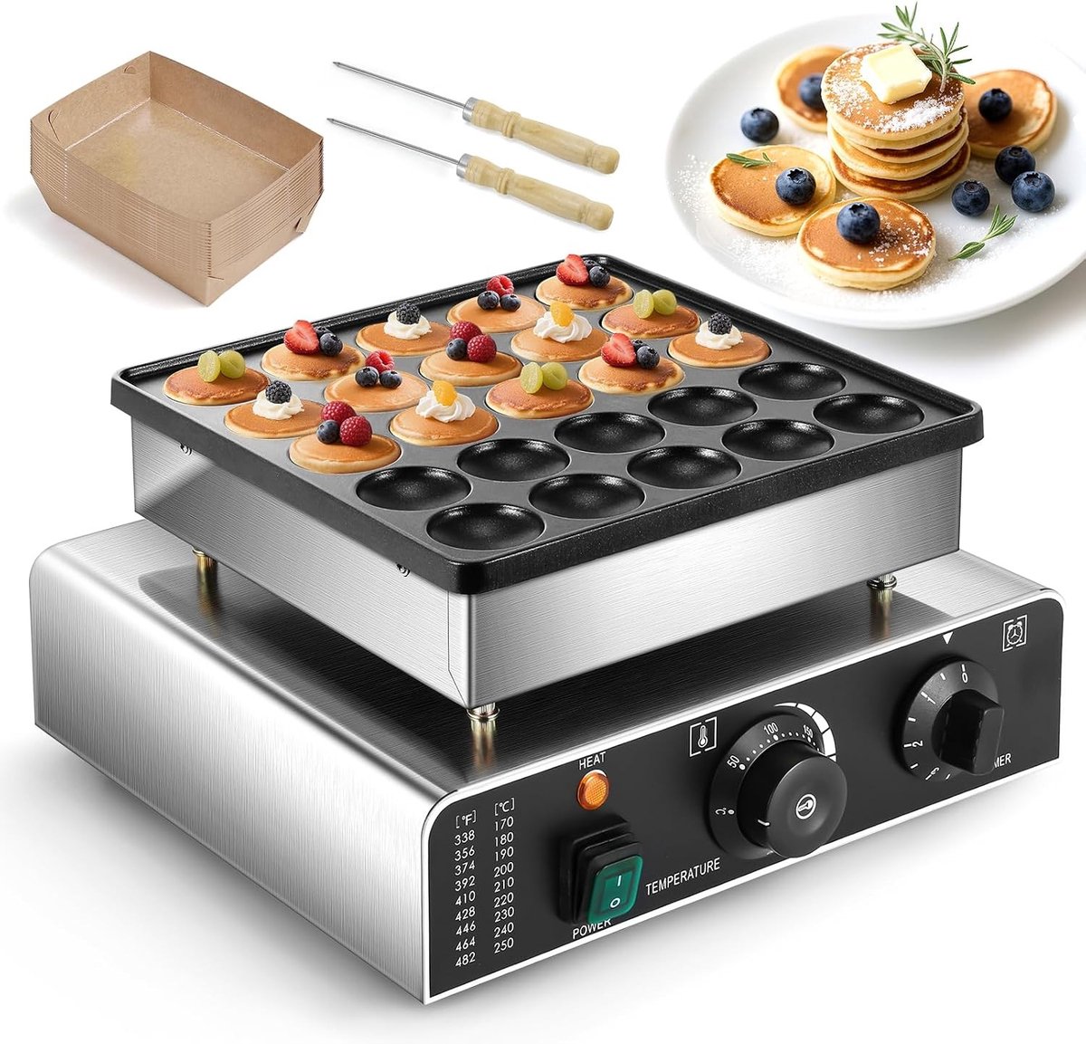 Mini Pancake Maker voor Commercieel Gebruik, Elektrische Pannenkoekenmachine met Antiaanbaklaag, 0-5 Minuten Timer en Instelbare Temperatuur van 50-300°C (25 Stuks)
