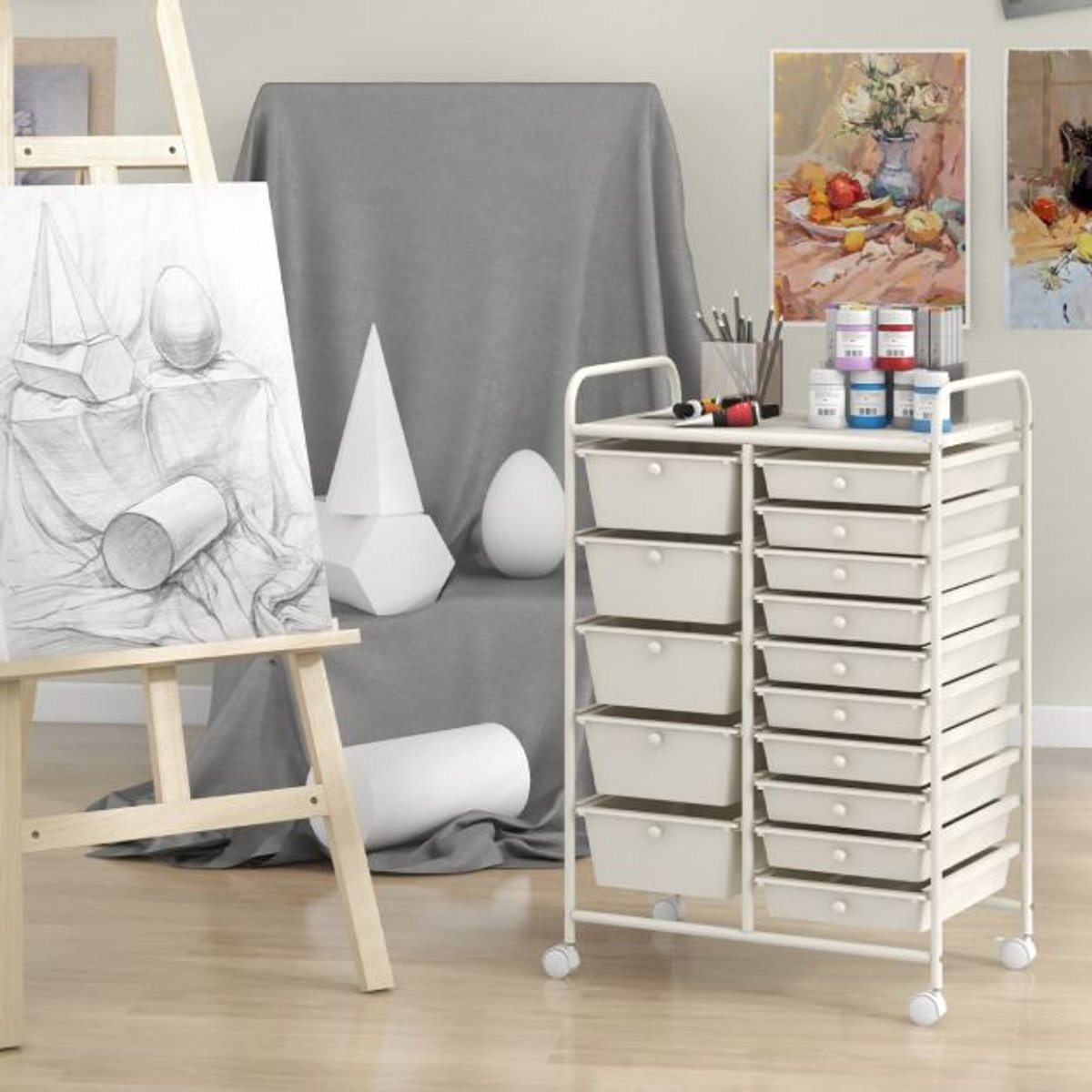 SureDeal® - Bureaukast - Rolbare Opslagtrolley - Lades Multifunctionele Trolley - Uitneembare Lades - Vergrendelbare Wielen - 63x37x87 cm - Wit