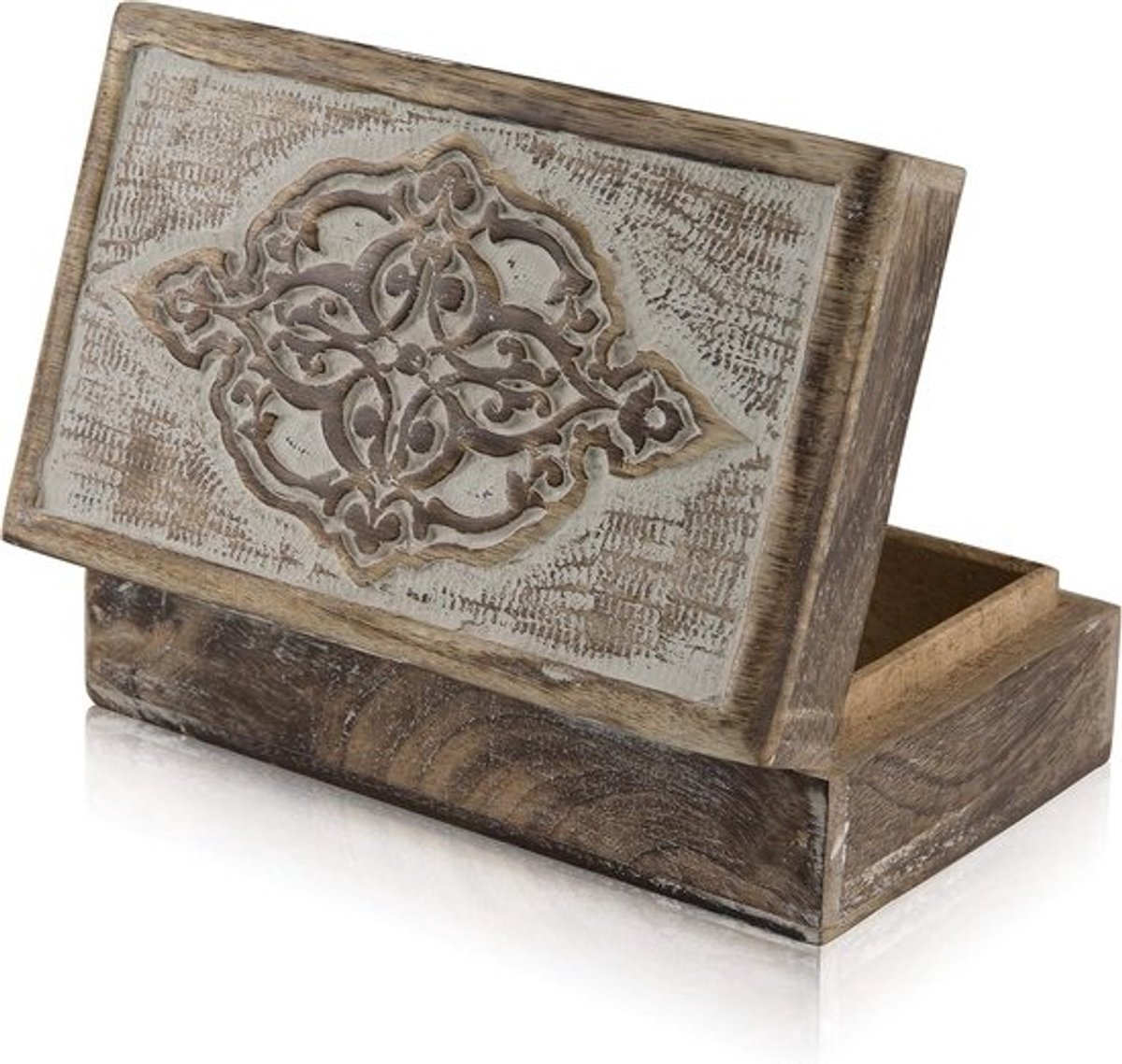 Decoratieve Houten Doos - Sieradenkistje Aandenken - Opbergen Decoratie - Handgemaakt Mangohout - 20x12x6 cm - Antiek Wit